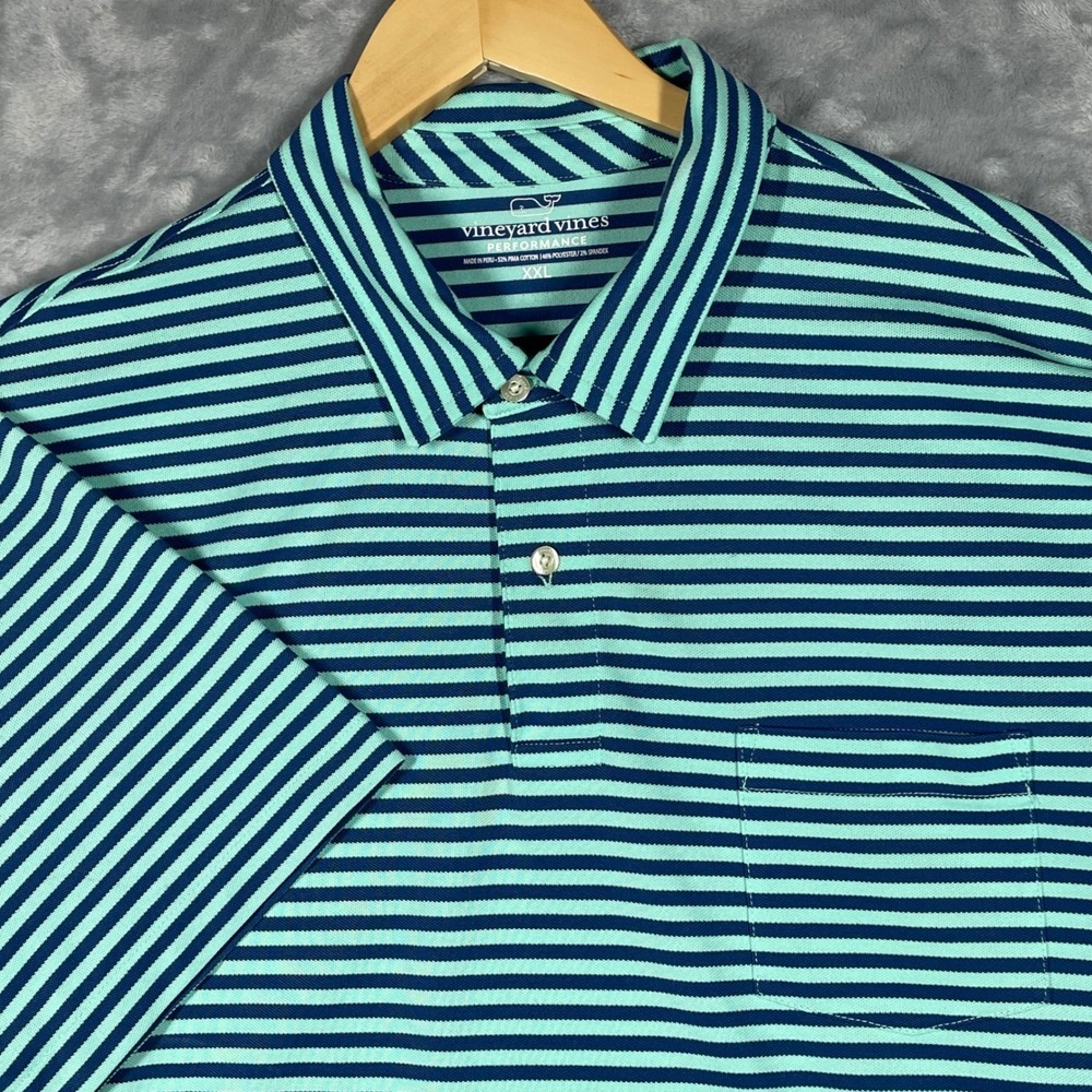 Vineyard Vines Performance Polo Mens XXL Blue Teal Striped Pima Cotton Stretch